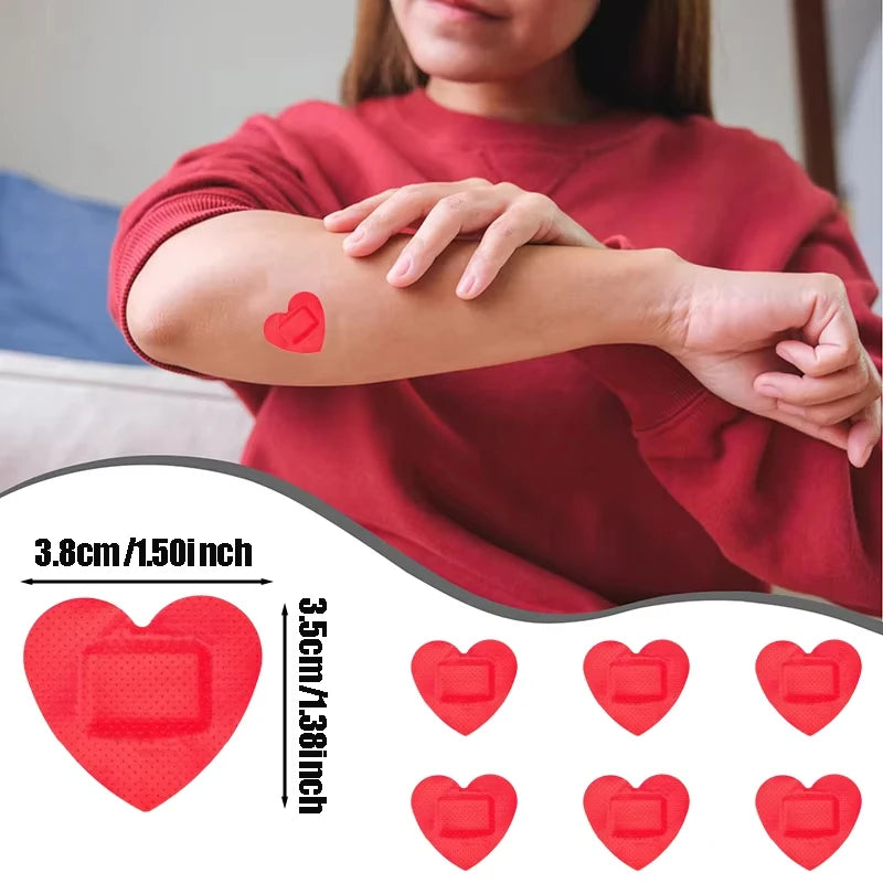 20/50PCS Red Heart-Shaped Adhesive Bandages - Waterproof Breathable Wound Dressing Plasters Skin Tape for Kids & Adults