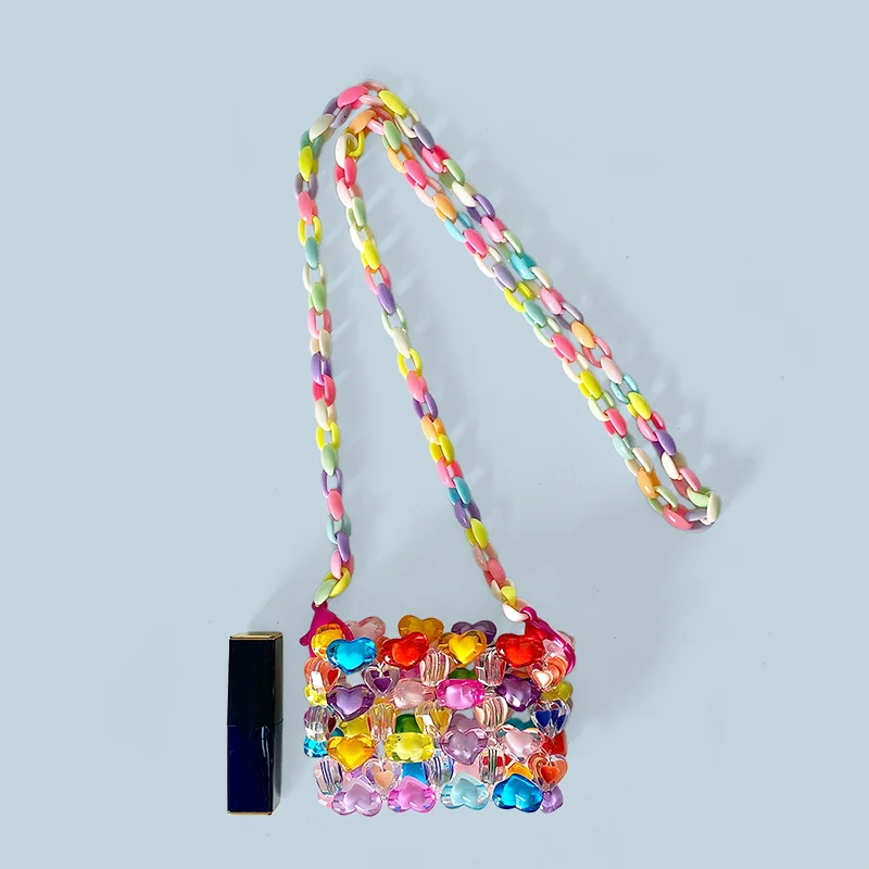 New Jelly Rainbow Love Bead Bag Hand Woven Bag Women's Dopamine Heart Cross Bag Mini
