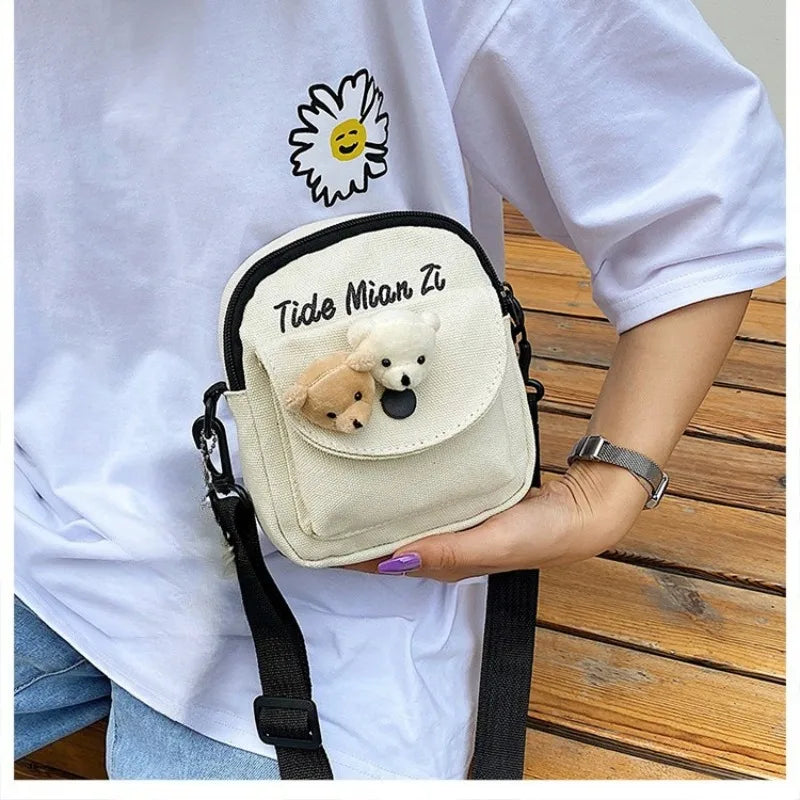 Solid Color Canvas Bag, Girls' Cartoon Teddy Bear Shoulder Bag, Students' Daily Crossbody Bag
