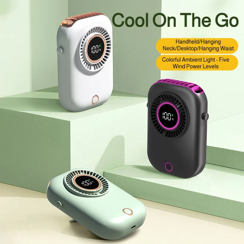 Outdoor Portable Neck Fan with Digital Display - Mini Rechargeable, Multi-Speed Adjustable, Suitable for Various Scenes