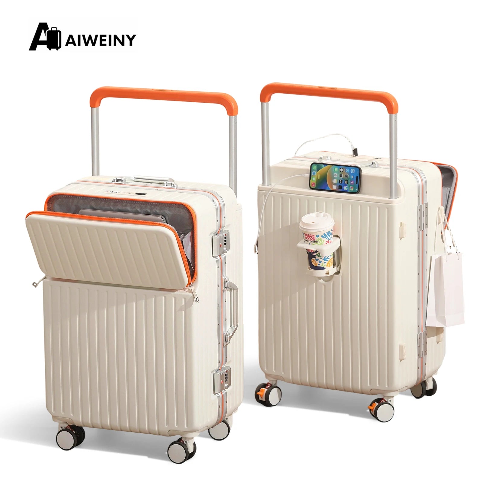 AIWEINY 20/24/26Inch Front Opening Hard Shell Luggage Aluminum Frame Wide Handle USB 360° Silent Wheels TSA Lock Business Travel