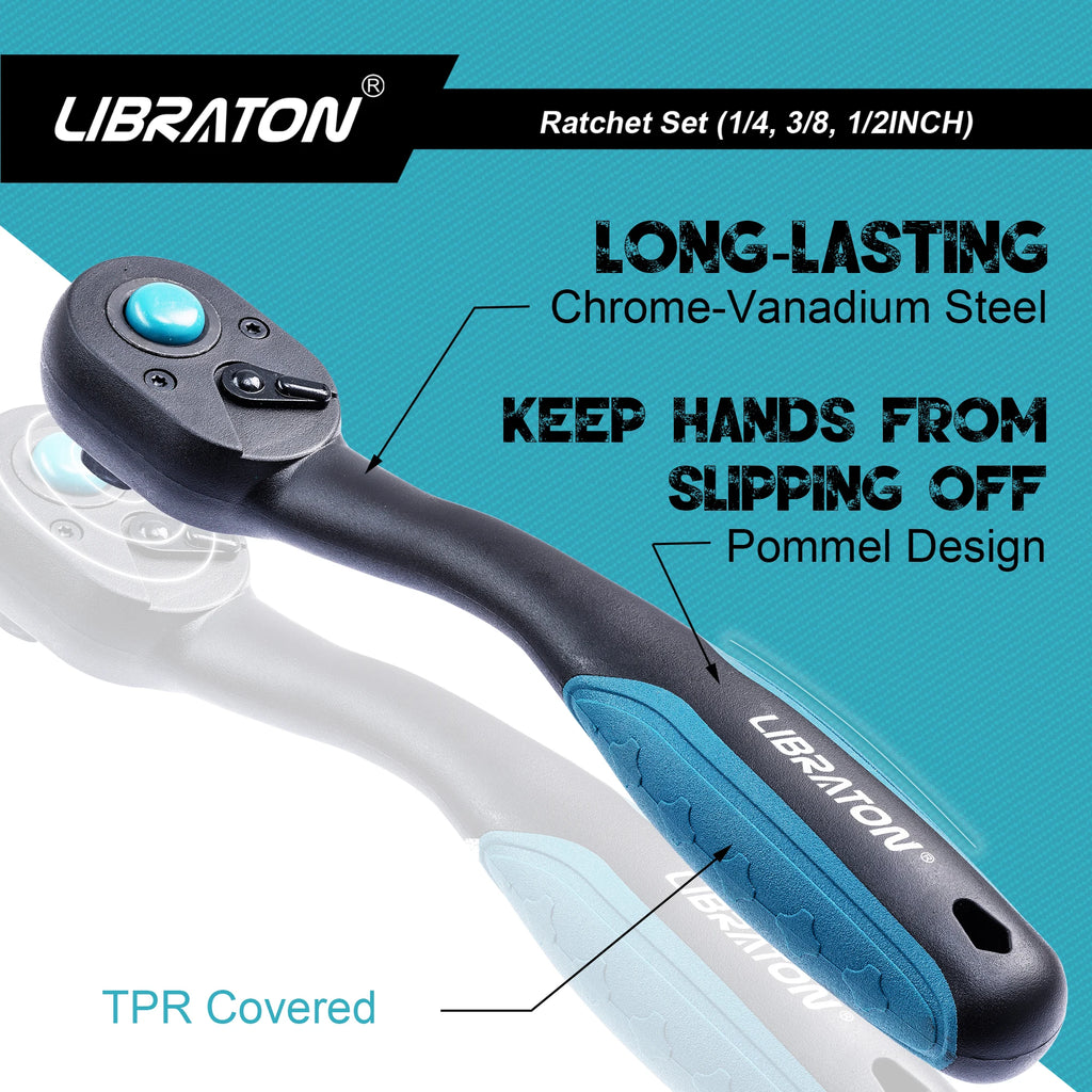 LIBRATON 1/4'' 3/8'' 1/2'' Drive Ratchet Wrench 72-Tooth Quick Release Reversible Ratchet Handle Auto Repair Tool Home DIY Tools