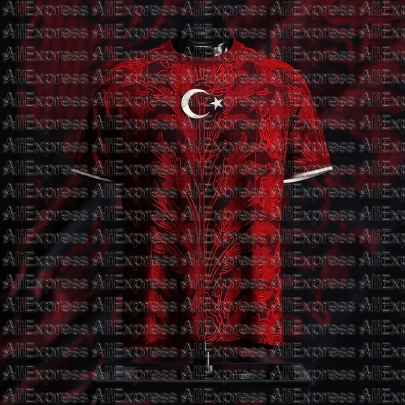 2026 Türkiye Summer Carnival Football Fans Flag Print Fans Black Red Two Color Jersey Adult Children Round Neck Fashion T-shirt