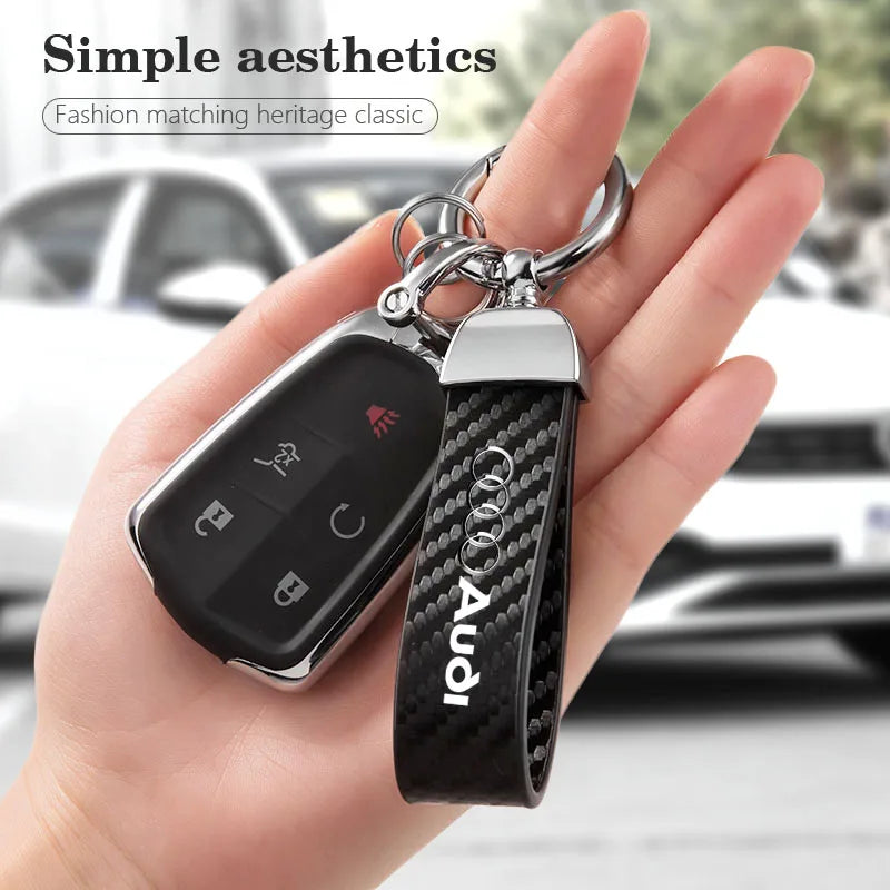 For Audi Sline A4 A3 A6 TT S4 S5 S6 A1 A2 A5 A7 A8 Q1 Q2 Q3 Q4 Q5 Q6 Q7 Q8 B8 B9 B6 C6 Q Carbon Leather Car Keychain Accessories