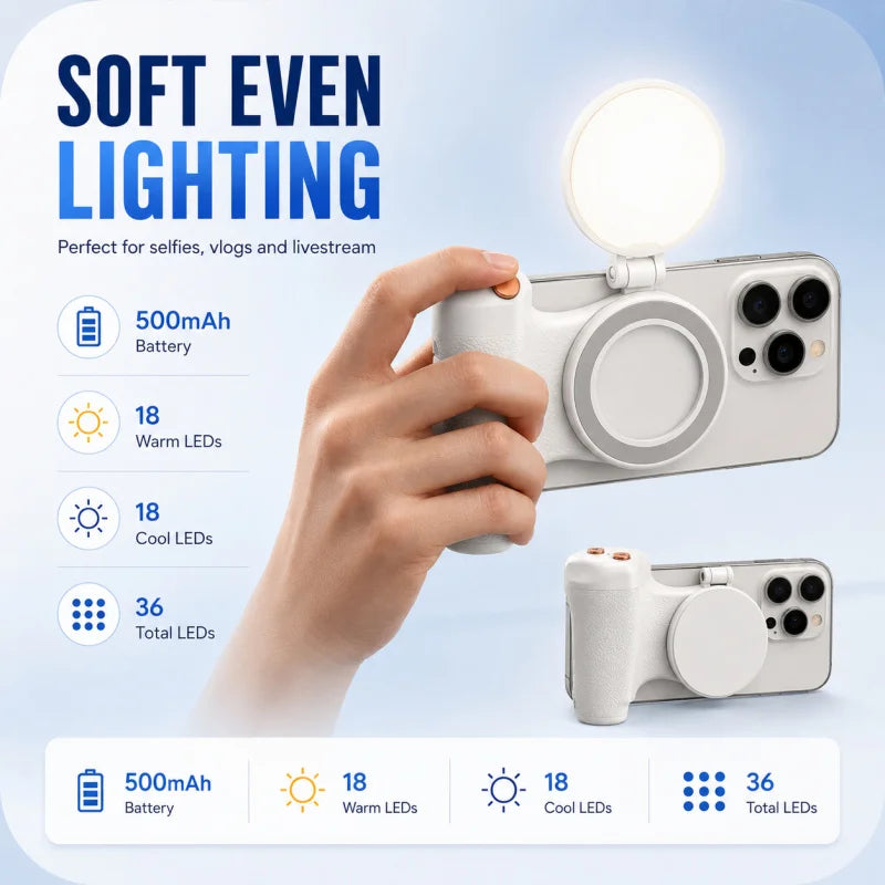 KM06 Magnetic Phone Camera Grip Stabilizer, Bluetooth Remote Shutter with Zoom Control, Anti-Shake Handheld Smartphone Photograp