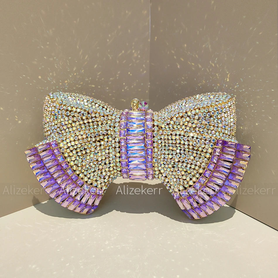 Alizekerr Bow Crystal Evening Bags Women Luxury Designer Boutique Metallic Rhinestone Clutch Purses And Handbags Wedding Party
