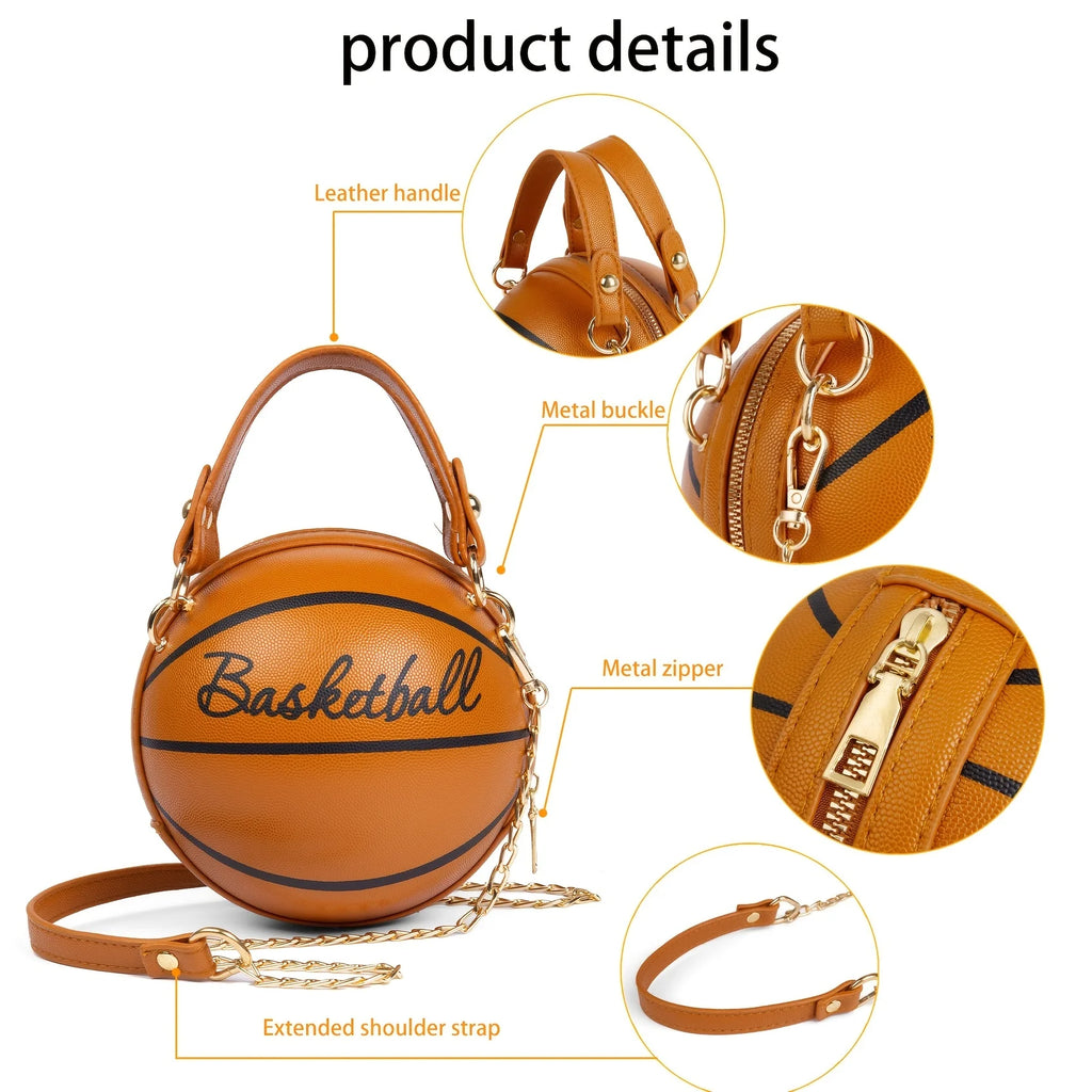 Basketball Shaped Crossbody Bag, Trendy Y2K Chain Shoulder Bag, PU Leather Top Handle Circle Purse Purses and Handbags Hand Bags