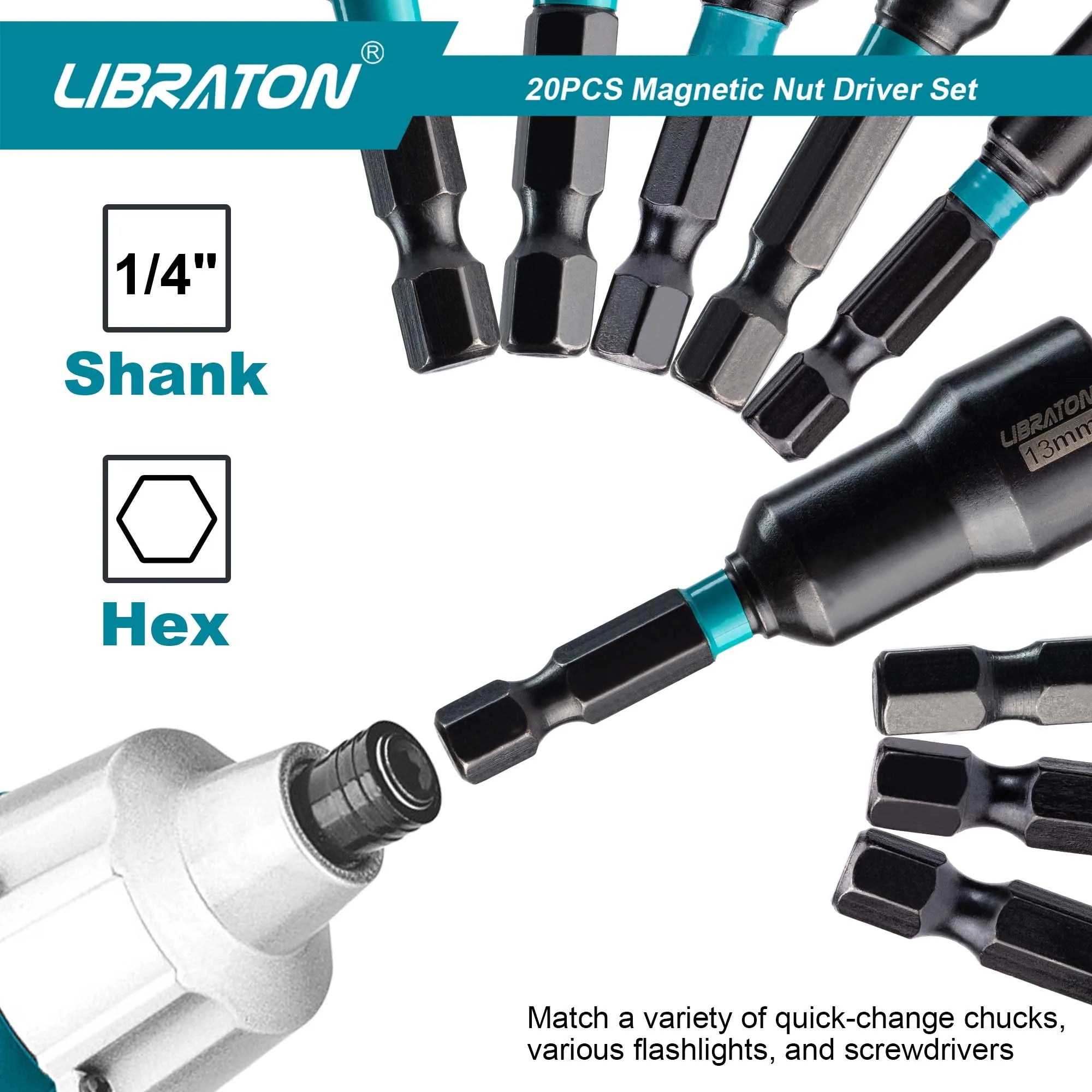 LIBRATON Magnetic Nut Driver, 20PCS Impact Drill Driver Bit Set 1/4" Metric 5-13mm & SAE Nut Driver 3/16''-1/2'' For Repair