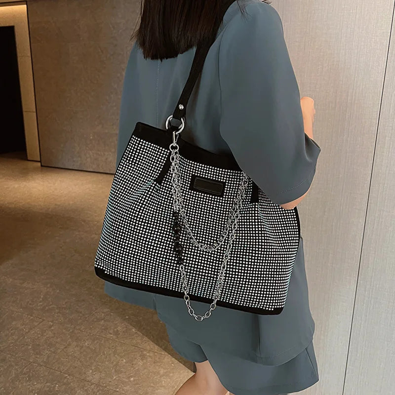 2024 Fashion Women Bling Diamonds Handbag Large Capacity PU Leather Big Totes Designer Female Chain Shoulder Bags Shopping Bags