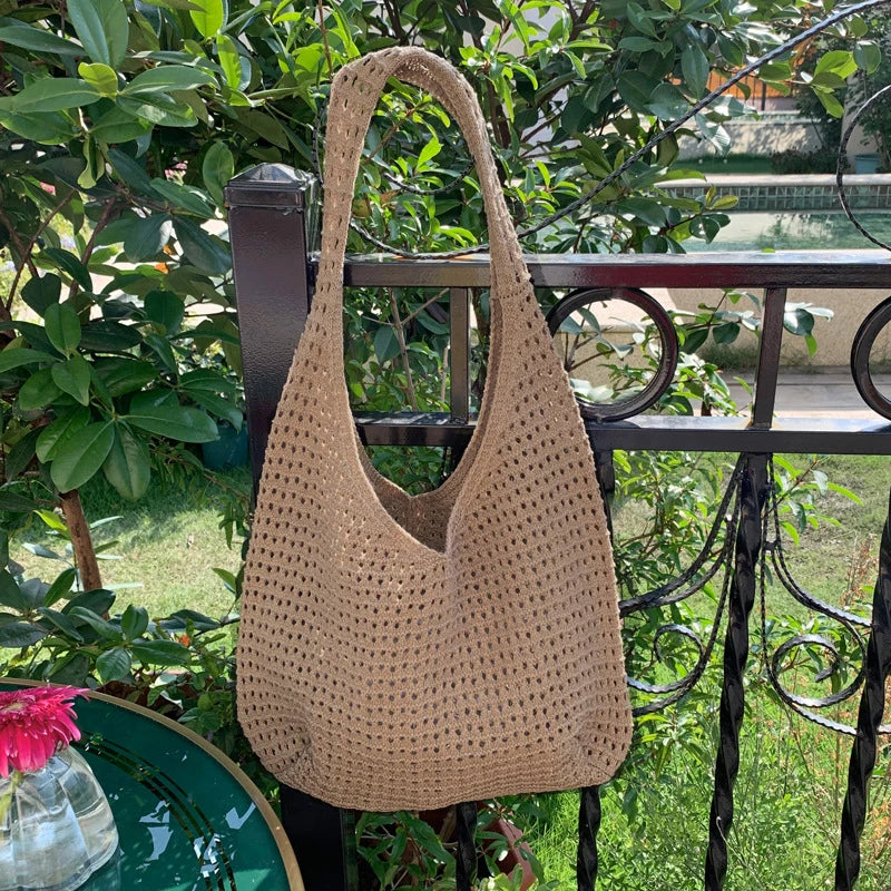 Solid Color Knitting Shoulder Bag Hollow Out Versatile Bohemian Crochet Tote Bag Large Capacity Casual Woven Handbag Women