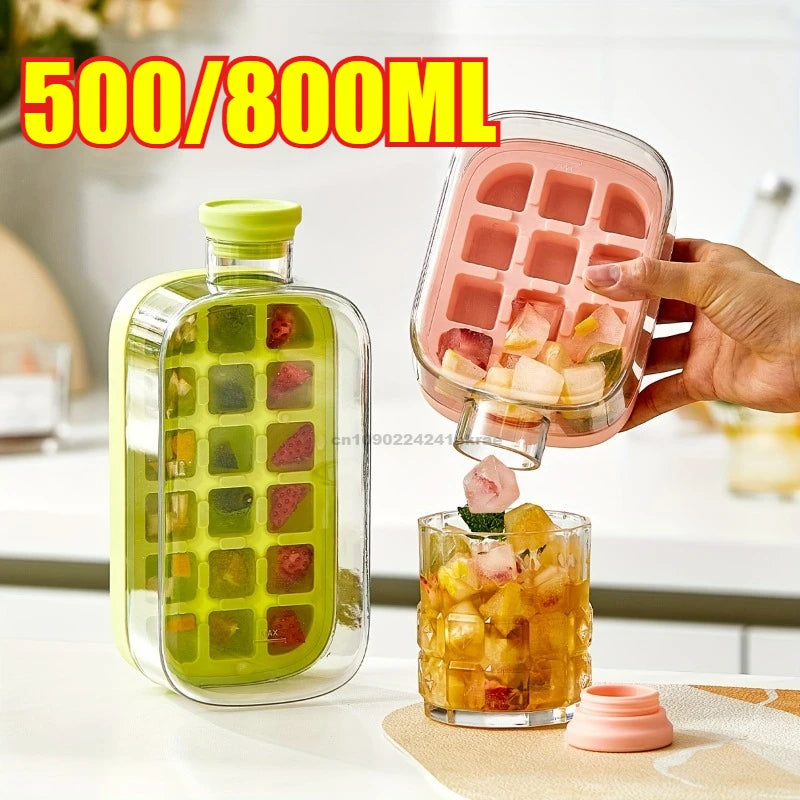12-Grid 500/800ml Silicone Food-Grade Ice Cube Tray Large Capacity Water Bottle Combo with Lid Flexible Transparent Plastic Mold