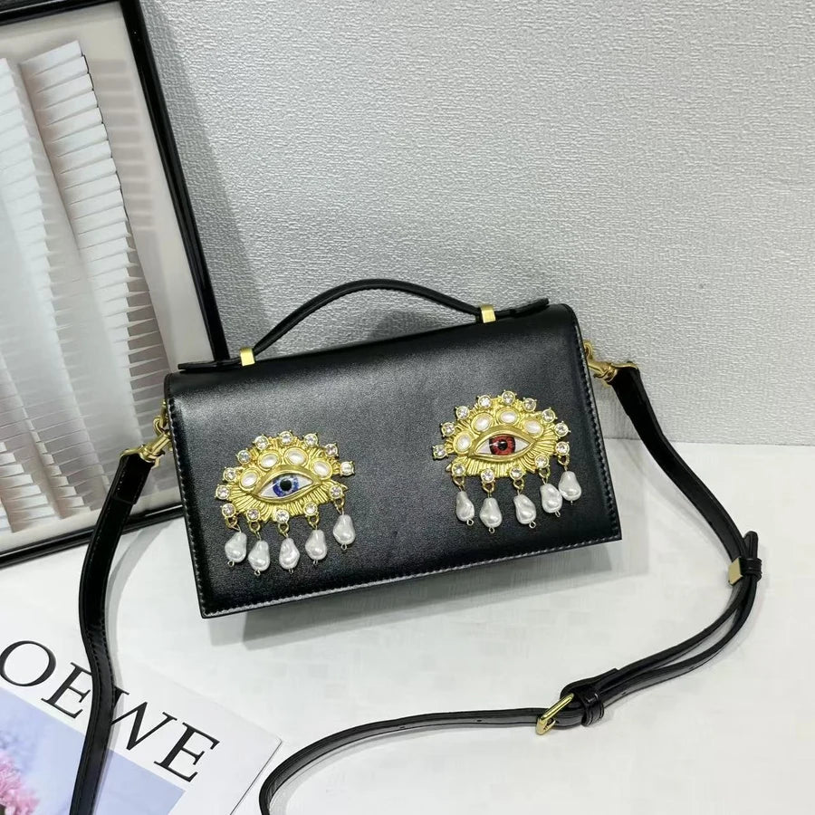 New retro pearl diamond eye creative design shoulder messenger bag fashion women's light luxury Boston bag