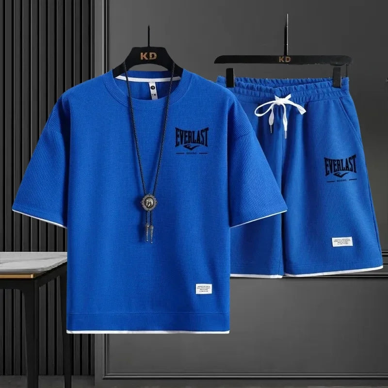 EVERLAST New Summer Men's Daily Casual Breathable Comfortable Loose Sports Set Fashion Brand Men's Waffle Top+Shorts 2-piece Set