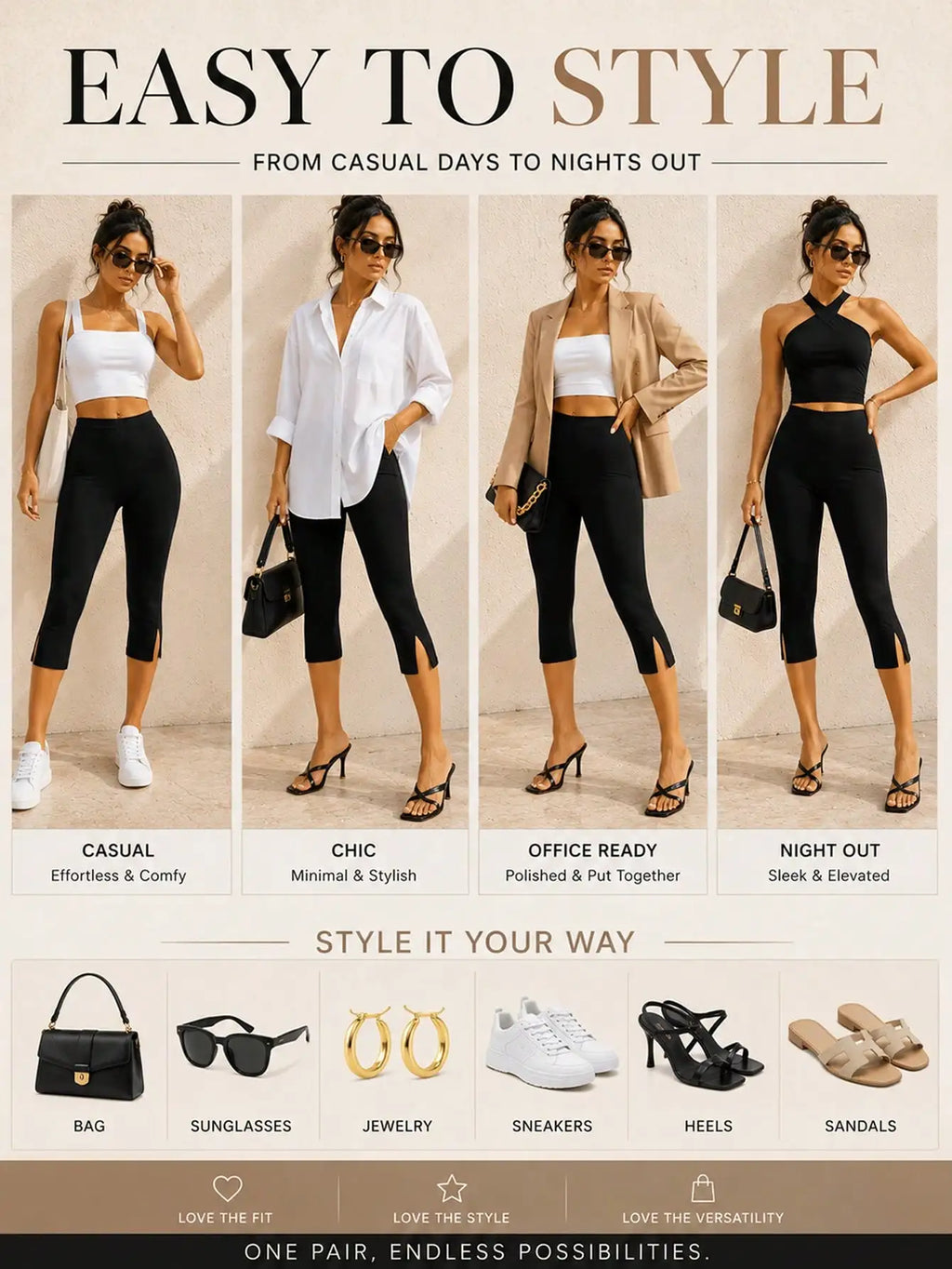 Black High Waist Split Hem Slimming Capri Leggings Fitted Knee Length Biker Shorts For Women Daily Casual Streetwear Workout