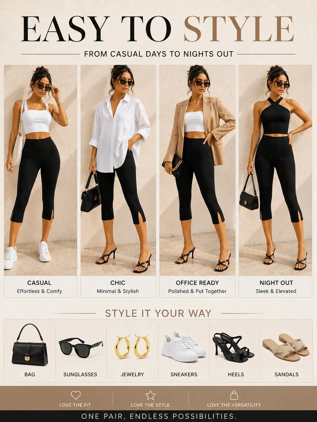 Black High Waist Split Hem Slimming Capri Leggings Fitted Knee Length Biker Shorts For Women Daily Casual Streetwear Workout