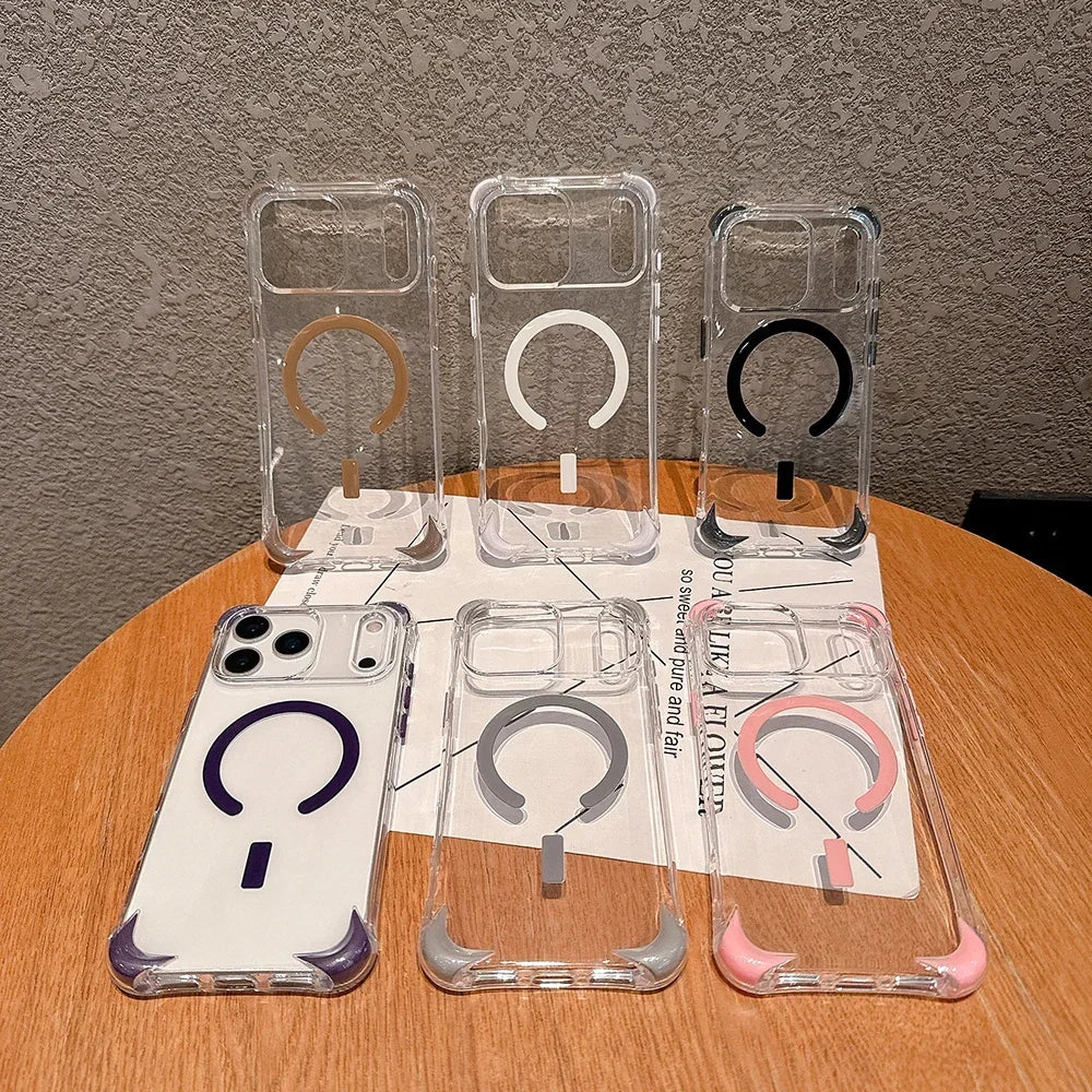 Trendy INS Clear Magnetic Charging PC Case For IPhone 17 Air 16 15 14 Plus 13 12 Pro Max Four-Coner Airbag Shockproof Hard Cover