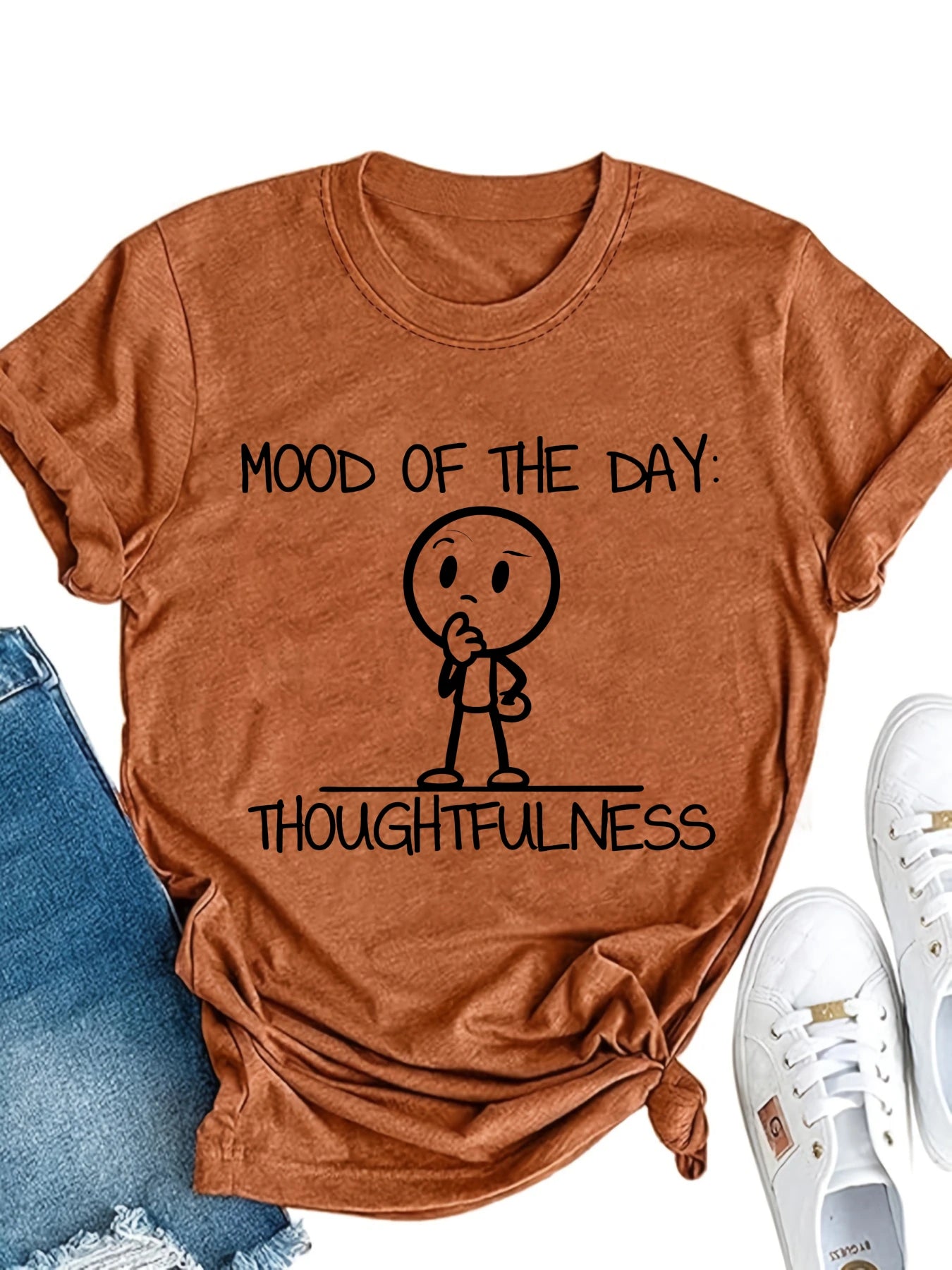 Plus size women's short sleeve T-shirt Mood Of The Day Thoughtfulness breathable fabric summer outfits women's clothing