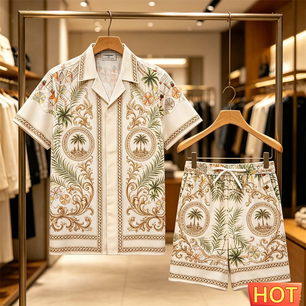 Men's Summer Tees Sets Fashion Coconut Tree 3D Print Short Sleeve Tops +Shorts 2 Piece Outfit Hawaiian Beach Vacation Shirt Suit