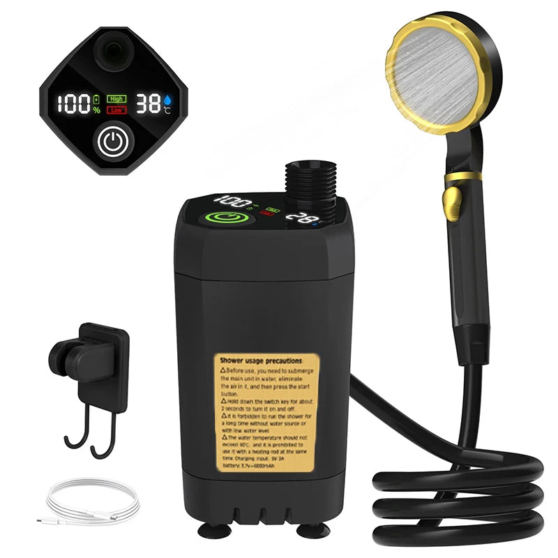 Camping Shower Pump RV Outdoor Shower Kit Camp Shower w/Full Screen Intelligent Digital Display Adjustable 6000mAh Shower Kit