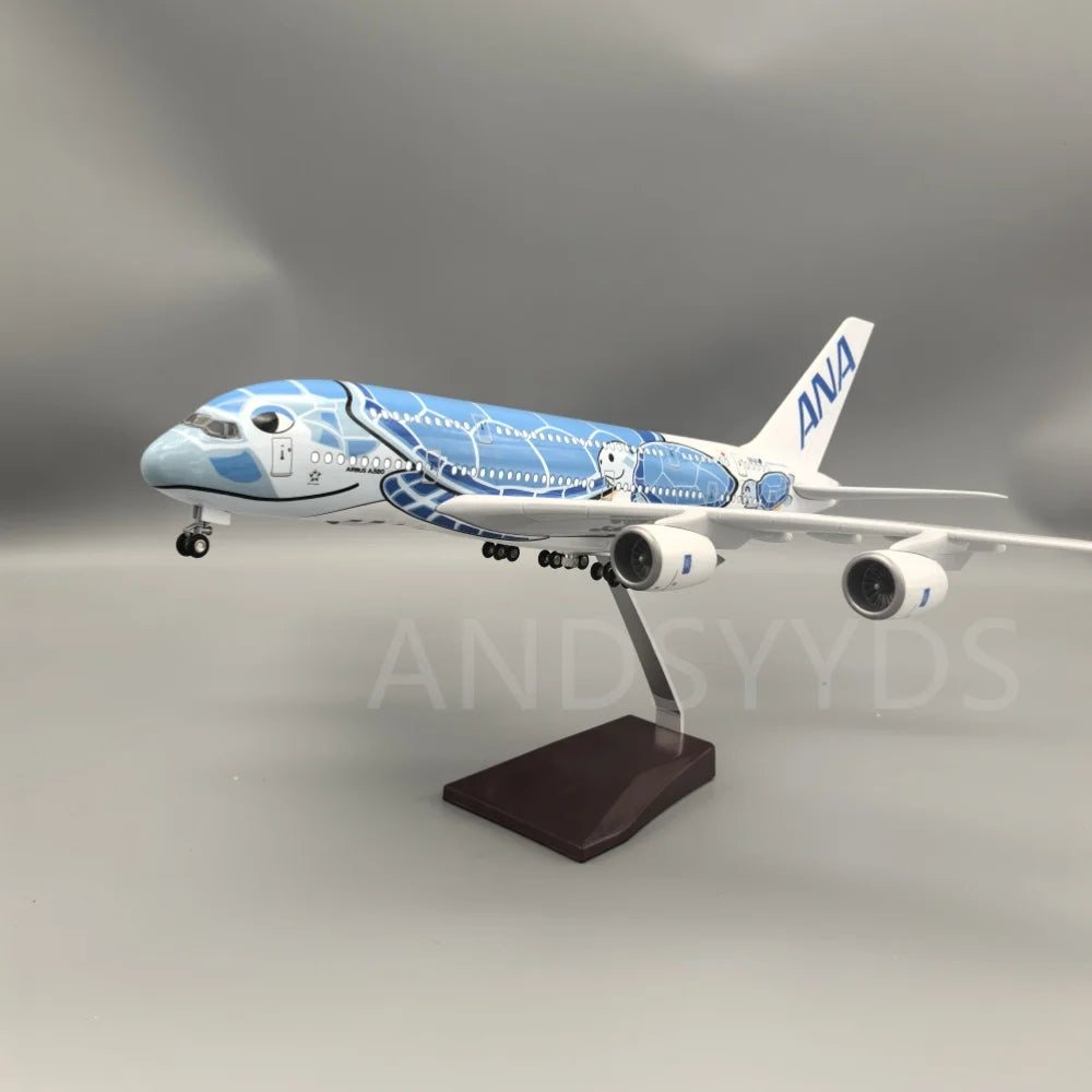 1/160 Scale 47CM Japan Air ANA Airbus A380 Model Plane Cartoon Sea Turtle Airlines Blue Diecast Airplane Toys For Child  Display