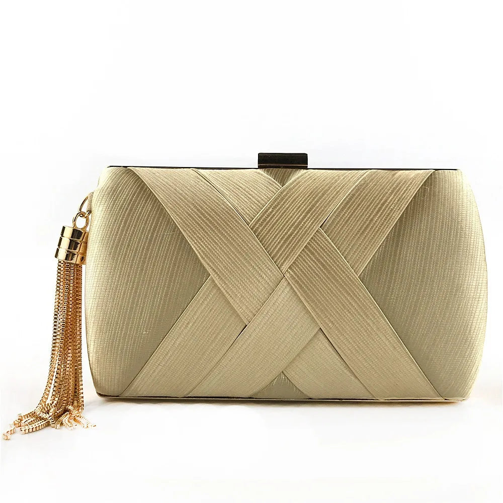 Casual Luxury Silk Fabric Dinner Handbag Tassel Chain Evening Banquet Bag Hand Hold Square Bridal Clutch Bag Wedding