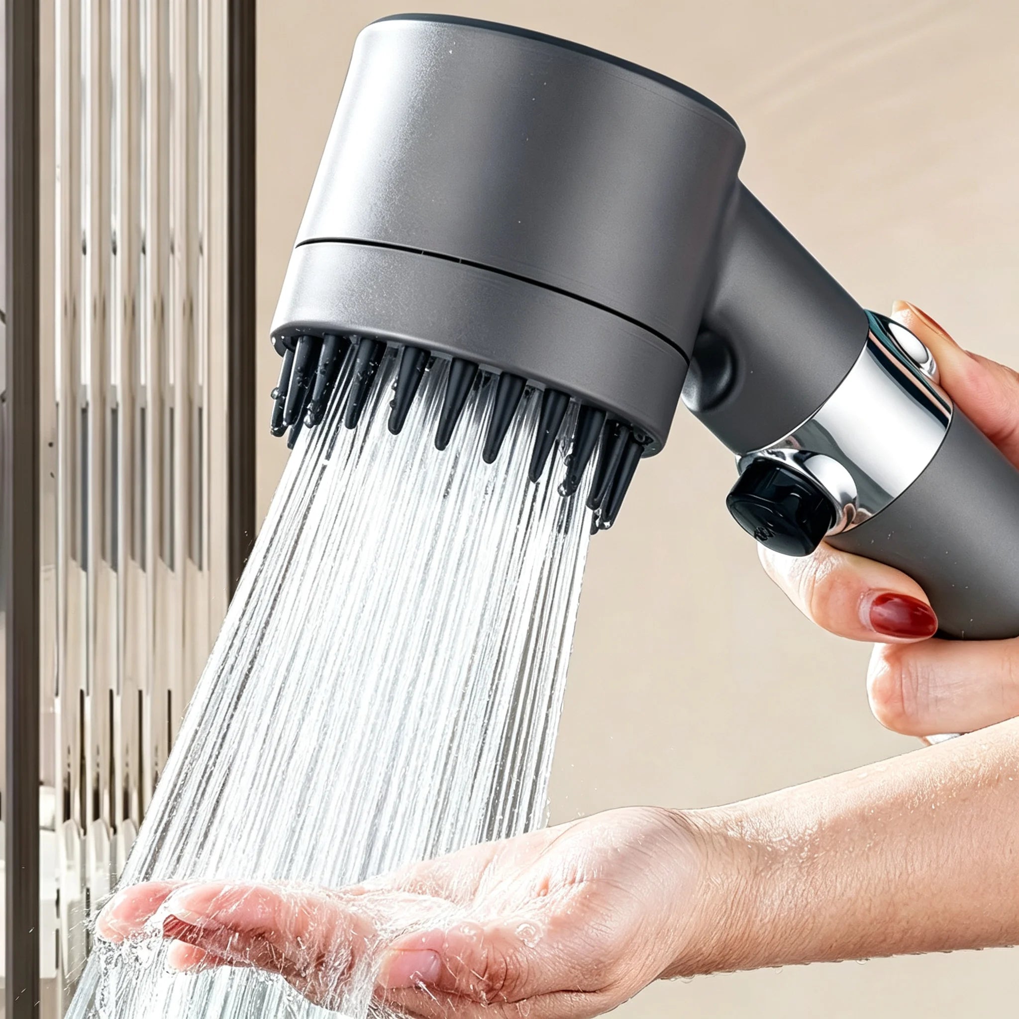 Black & Grey Wall-Mounted High-Pressure Shower Head with  Polished Finish Durable Plastic for Enhanced Water Pressure