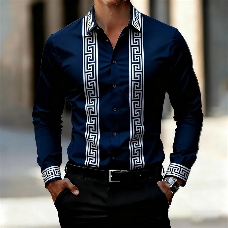 Men's Retro Geometric Print Shirt, Stylish Long-Sleeve Black Shirt, Business Casual Men's Top
