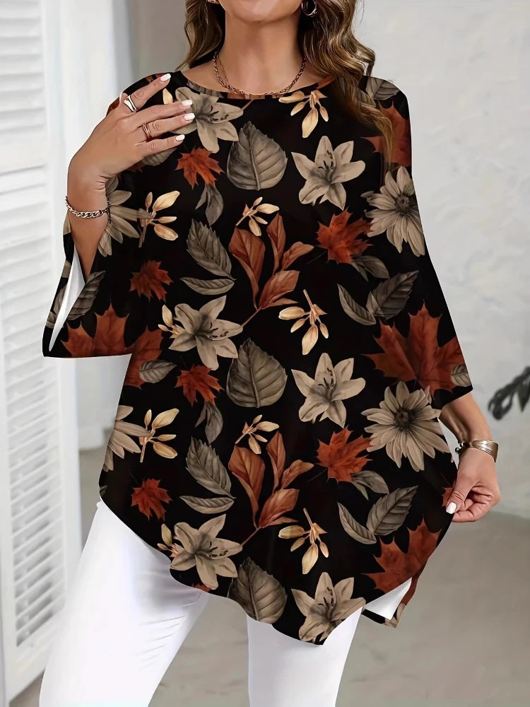 New Round Neck Plant Floral Seven Quarter Sleeved Top Loose and Elegant Plus Size Temperament Short Sleeved T-shirt  Commute