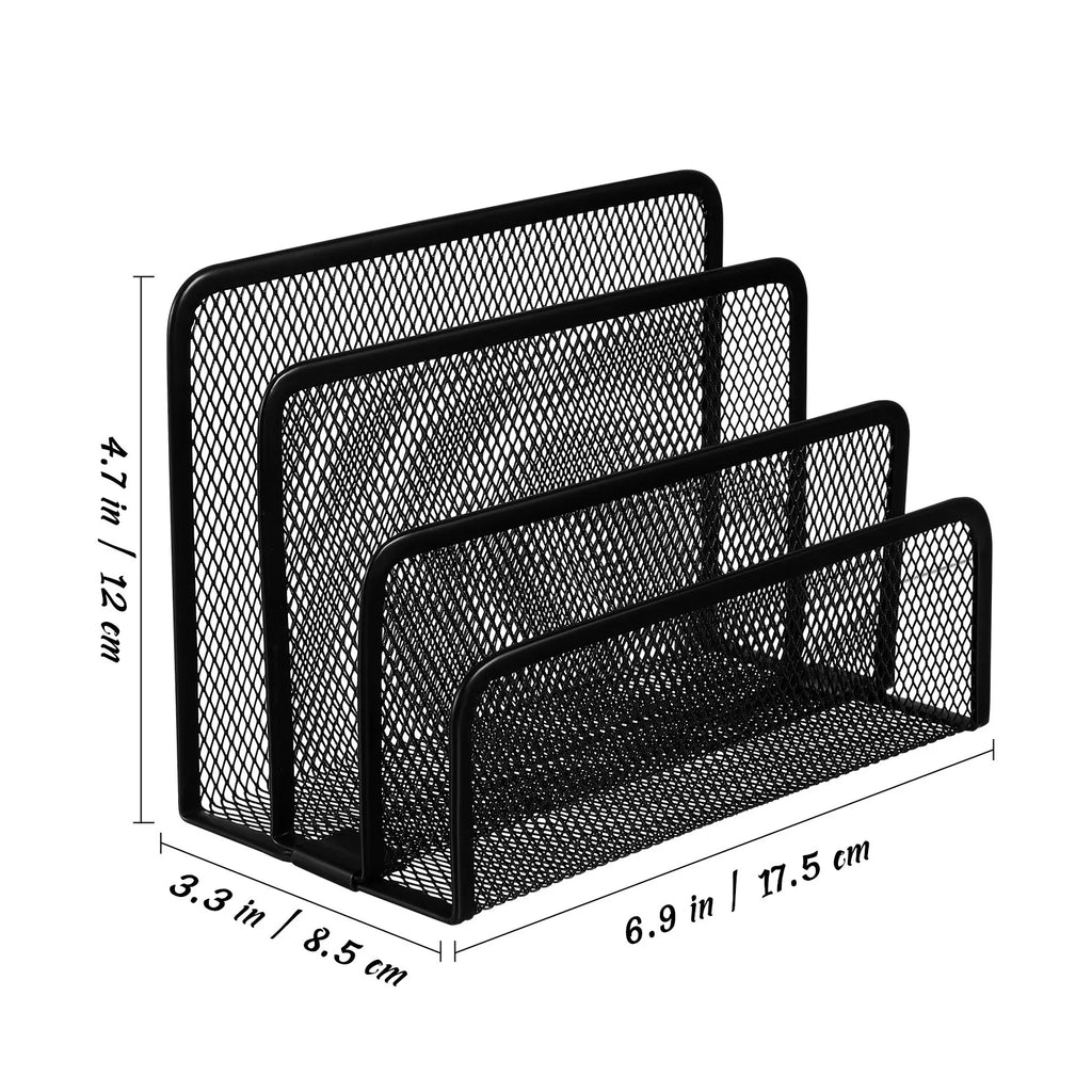 Three-Section Metal Mesh Desk File Holder Upright Document Organizer Desktop File Sorter Letter Brochure Magazine Storage Rack