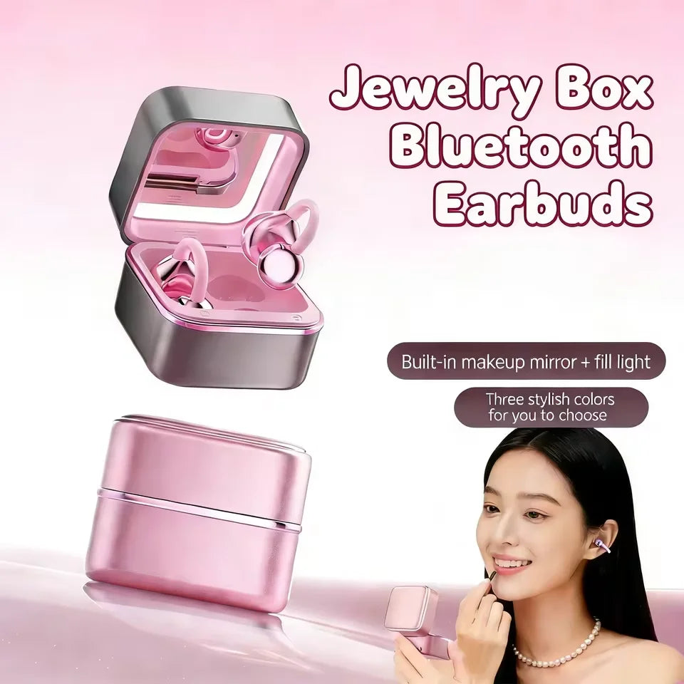 New Ear Clip Wireless Bluetooth 6.0 Earphones Headphones Jewelry Box With Makeup Mirror Fill Light For Fashion Gift TWS Earbuds