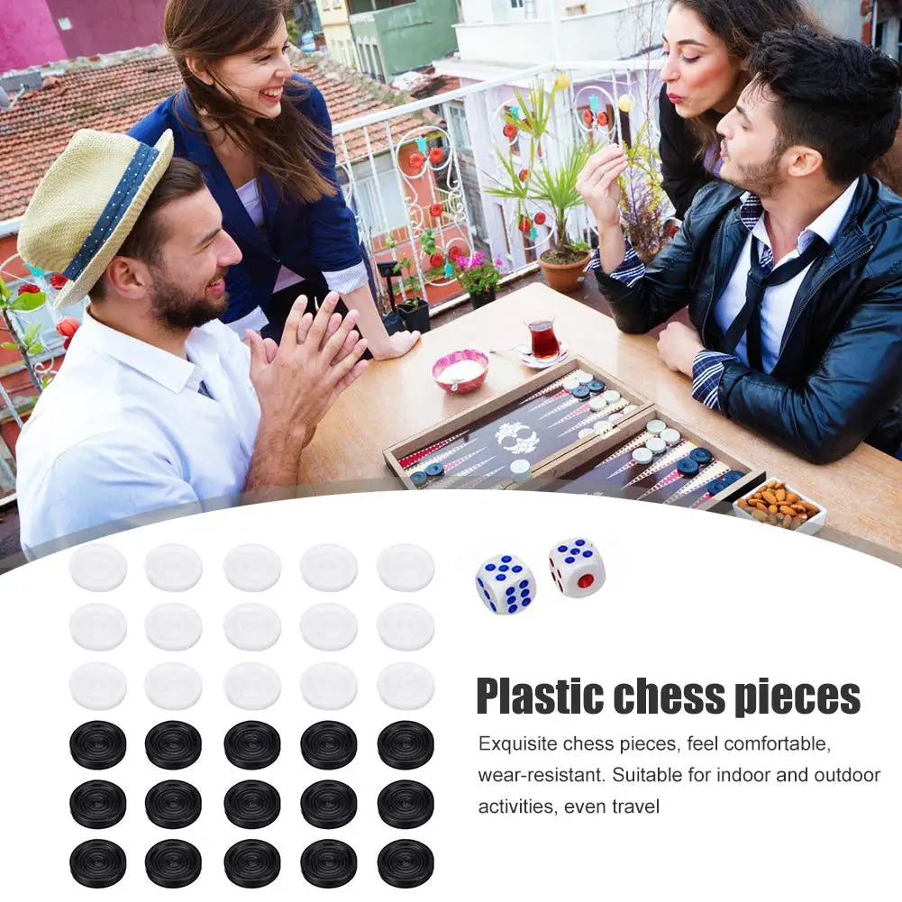 30pcs Wear-resistant Plastic Pieces Checkers Backgammon Chess Pieces with 2 Dice Board Game Adults Kids  for Home