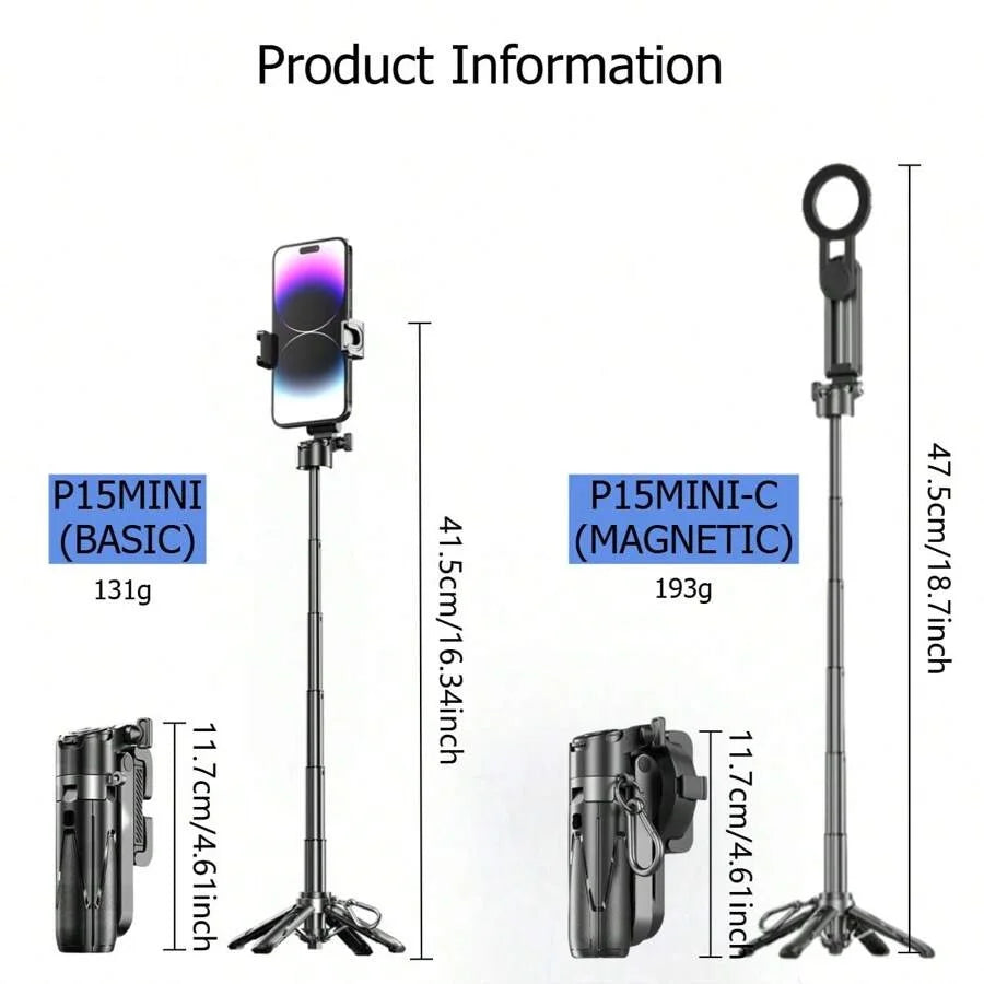 P15MiNi-C Upgraded Magnetic Model: Portable, multifunctional selfie stick, ideal for travel, live streaming, and selfies; smartphone tripod; made of aluminum alloy and ABS; 47.5 cm / 18.7 inches; 193 grams; Type-C charging wi