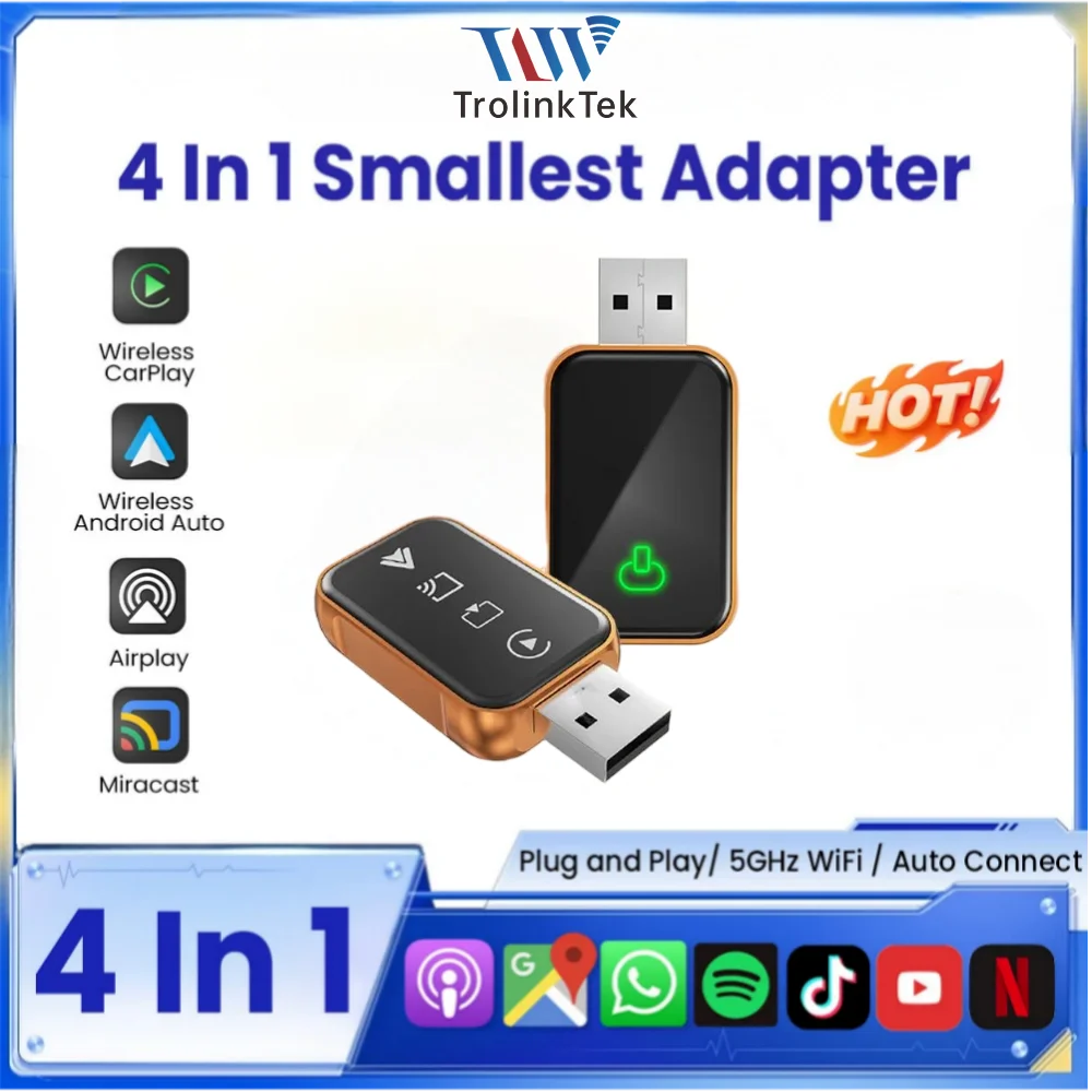 TrolinkTek 4 IN 1 Wireless CarPlay Dongle, Support Wireless Android Auto, AirPlay & MirrorLink, Wired to Wireless USB Adapter Plug and Play, Auto Reconnect Low Latency For Cars with Factory Wired CarPlay
