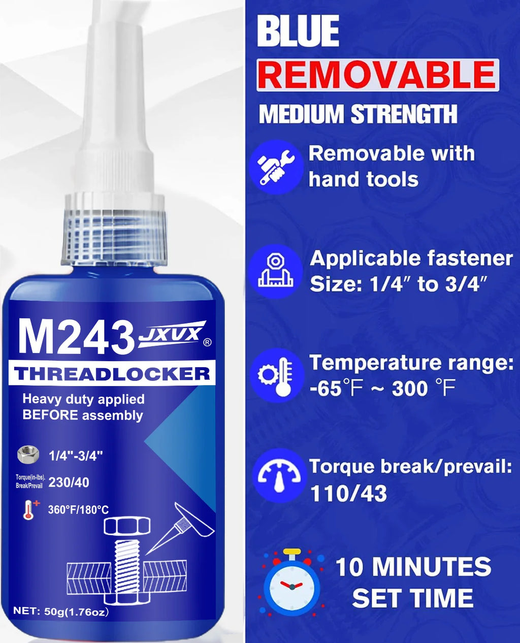 50ML Threadlocker 243-271 Blue-Red High Strength Quickly Cured  Locking Agent , Strong Adhesive Primerless Oil Tolerant Thread Locker Seal for Machinery Motor Engine Compressor.