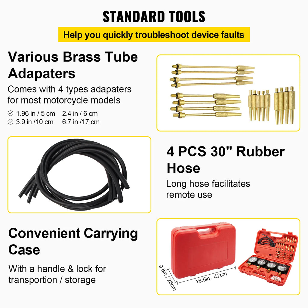 SucceBuy Fuel Vacuum Carburetor Synchronizer Carb Tools sync 4 Gauge Set with Rubber Hose Vacuum Balancer Meter Kit