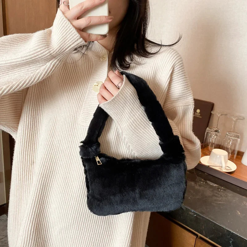New Fluffy Totes Soft Plush Shoulder Underarm Bag Solid Color Purse Autumn Winter Handbag Women Lady Fashion Storage Pouch