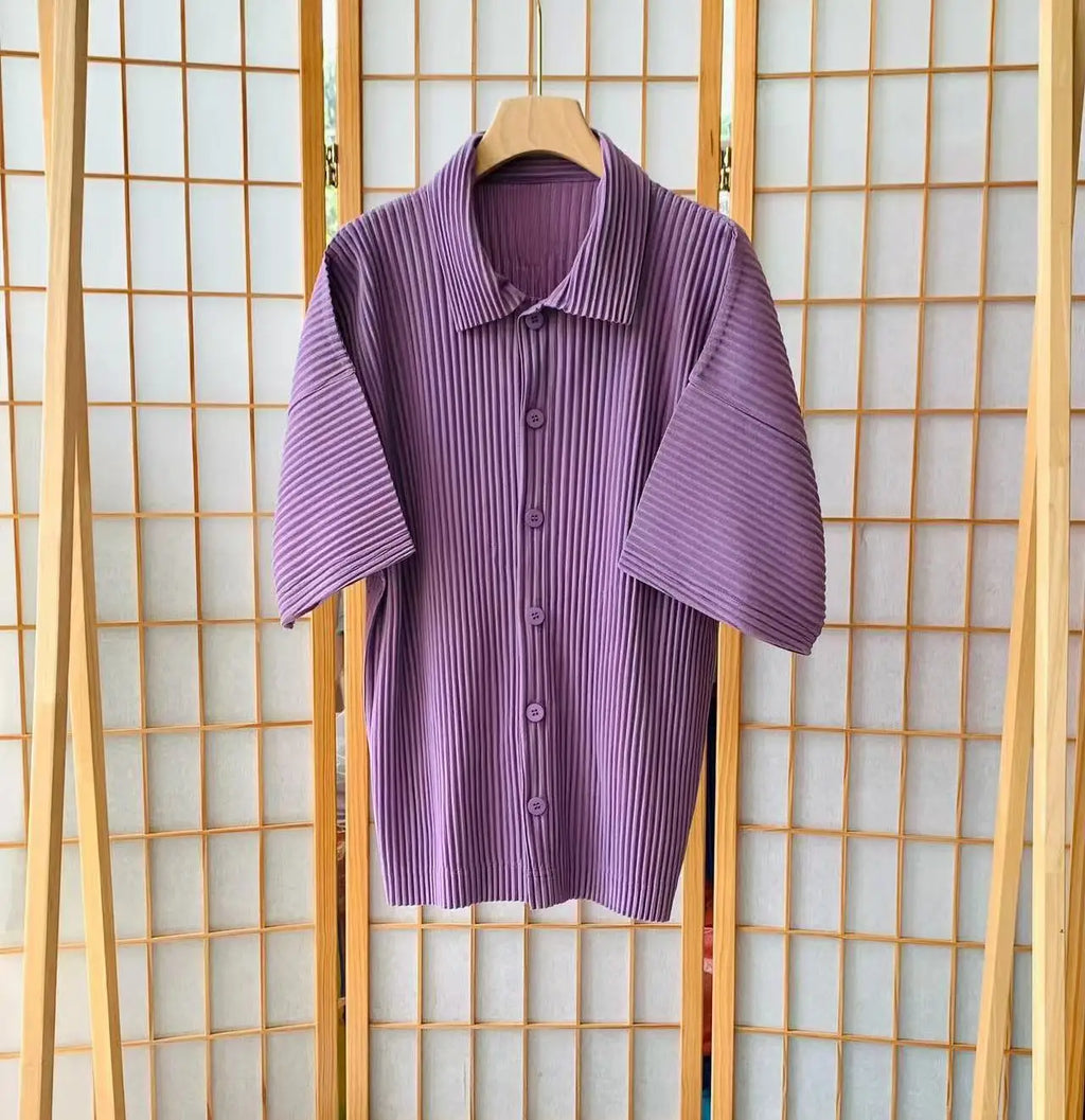 Miyake Pleated Short Sleeve Shirt Men's 2026 Classic Pleats Top Short Sleeve Summer Loose Plisse Jacket Loose Plus Size Fold Top