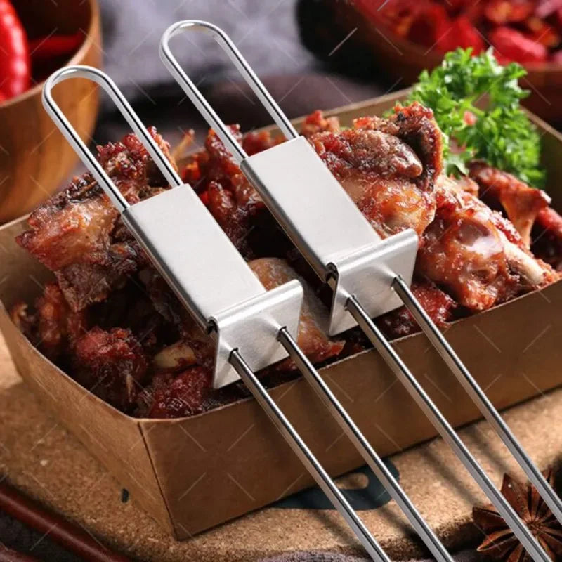 1pcs Stainless Steel Double Needle Barbecue Skewers with Self Push Plate Barbecue Forks Outdoor Home BBQ Accessories Tools숯불스타터