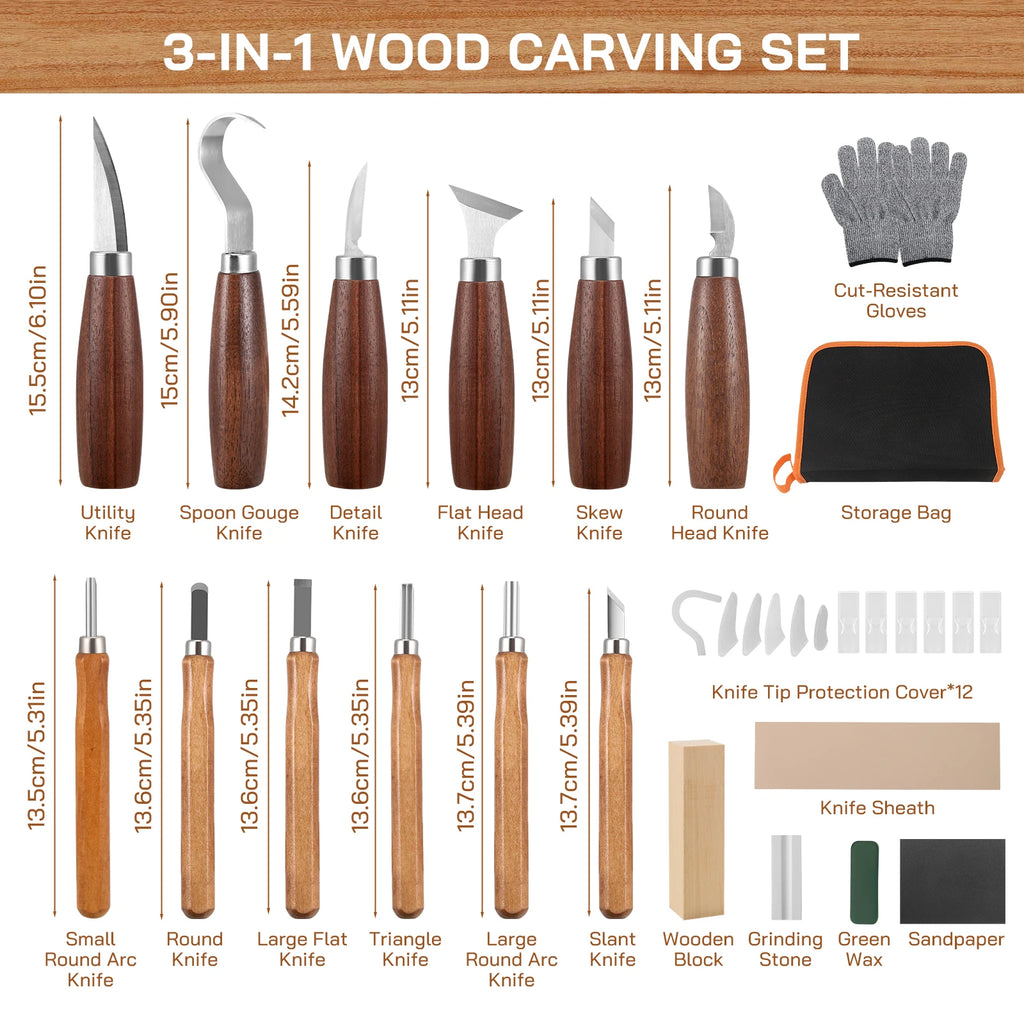 Wood Carving Tool Set 30 in 1 Carving Set with 12 Carving Knives  for Beginners/Professionals Carving with Cut-resistant Gloves