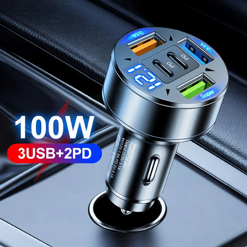 100W 5-Port USB C Car Charger Fast Charging Adapter with LED Voltage Monitor 3 USB-A 2 PD Ports For Android Devices For iPhone