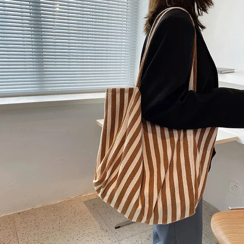 Casual Fashion Large Capacity Shoulder Bags For Women Striped Handbag Totes Canvas Big Size Shopping Bag Female Travel Pack