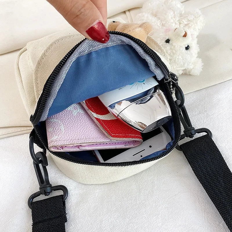 Solid Color Canvas Bag, Girls' Cartoon Teddy Bear Shoulder Bag, Students' Daily Crossbody Bag