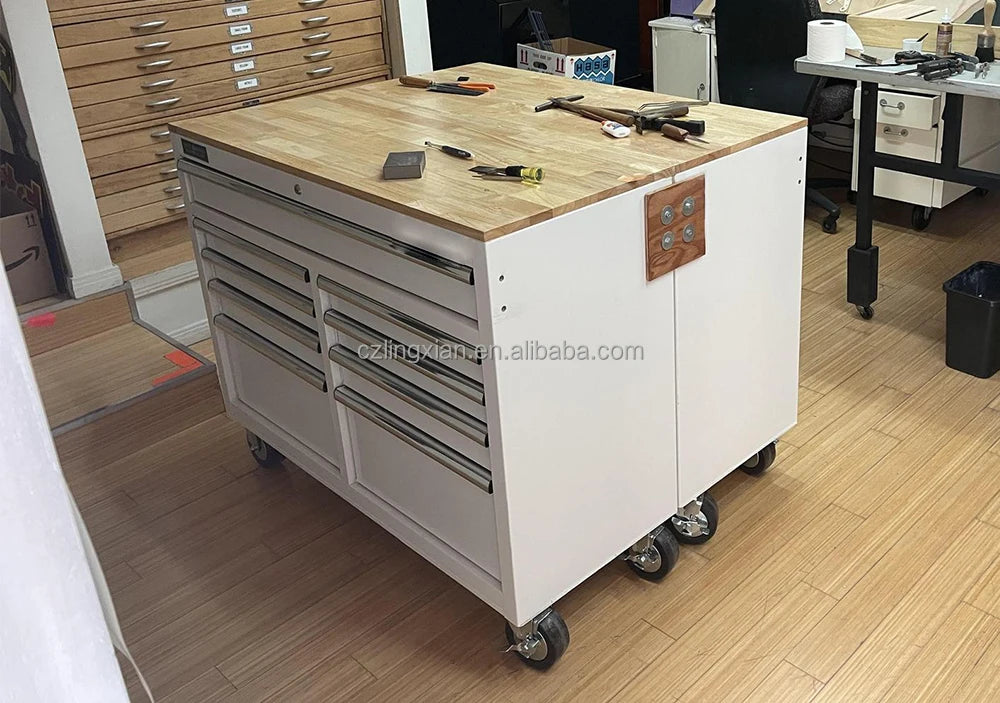 In 9 Drawers Storage Cabinet Metal Work Bench Tool Cabinet Workshop Tool Cabinets Chest With Solid Wood Top