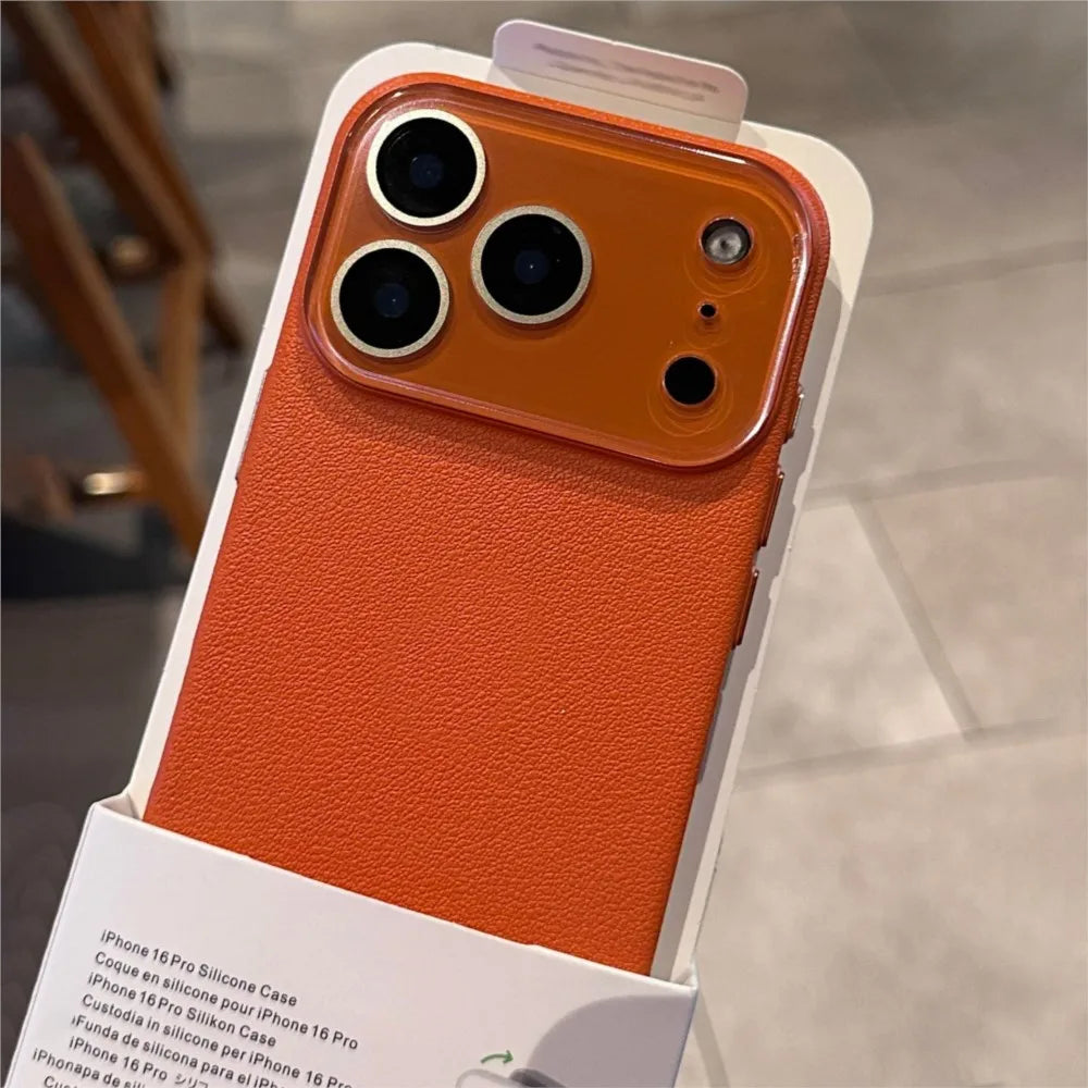Luxury HD Hard Glass Camera Case For iPhone 17 Air 16 15 14 13 12 11 Pro Max Plus Hard PC Leather Texture Armor Shockproof Funda