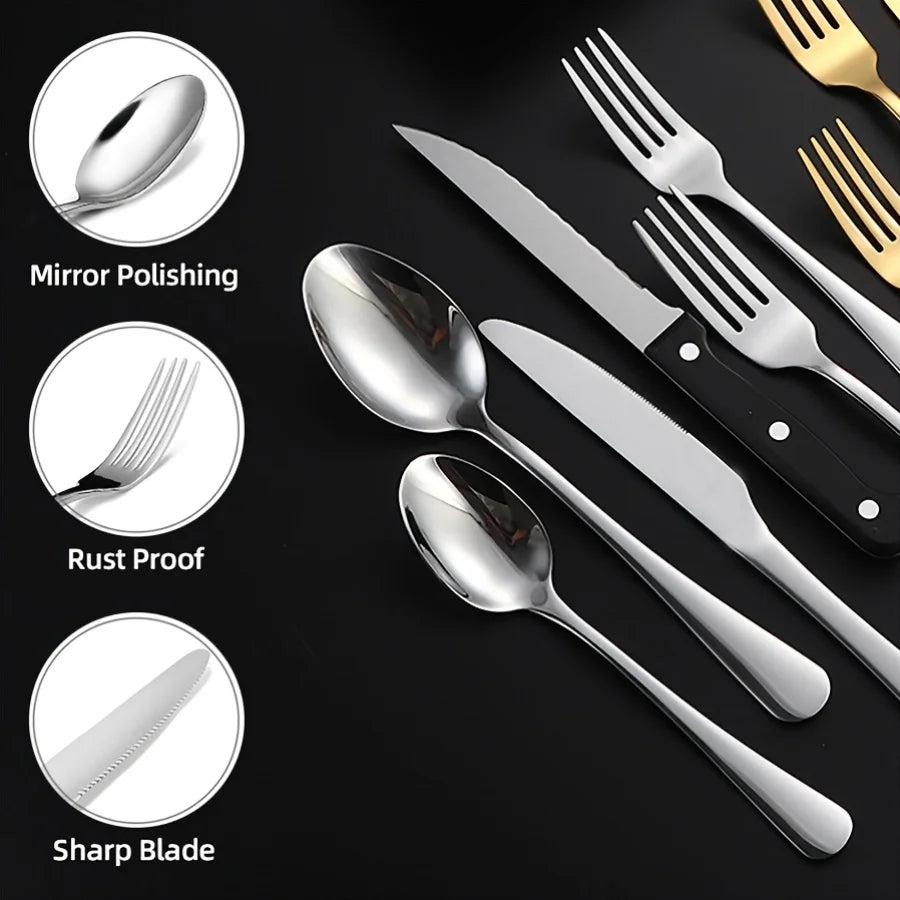 Steel Picnic BBQ Cutlery 8Pcs, Knife Fork Spoon Plate Serrated Knife Opener BBQ Tongs, Mesh Bag, Beach Camping