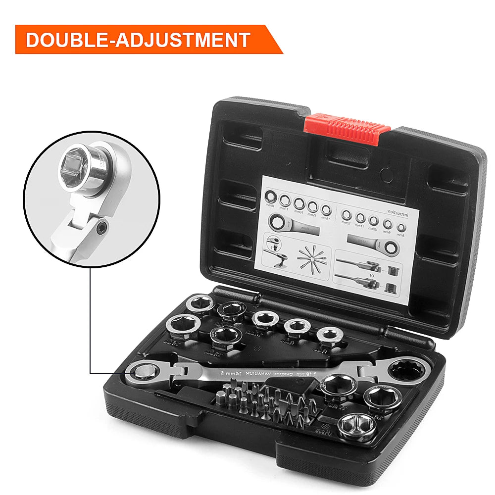 12-in-1 Flex-Head Ratcheting Wrench Set & 24-in-1 Screwdriver Set, Double Box End Wrench 8-19mm,1/4" Drive Adapter,with Tool Box