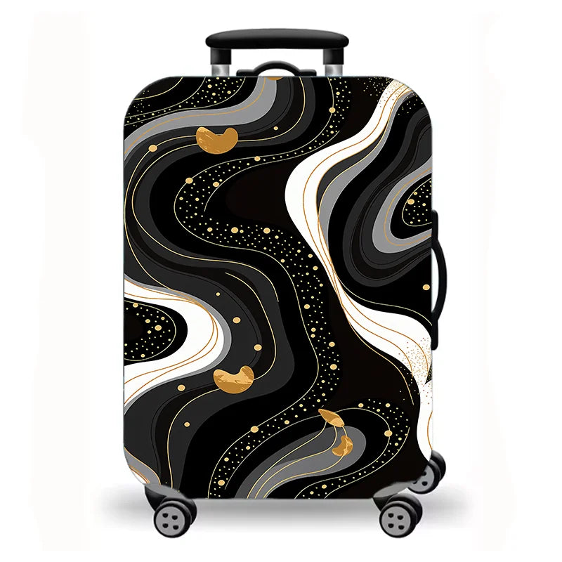 Luggage cover, abstract fluid corrugated lines, black red gold printed elastic protective cover, modern suitcase dust cover