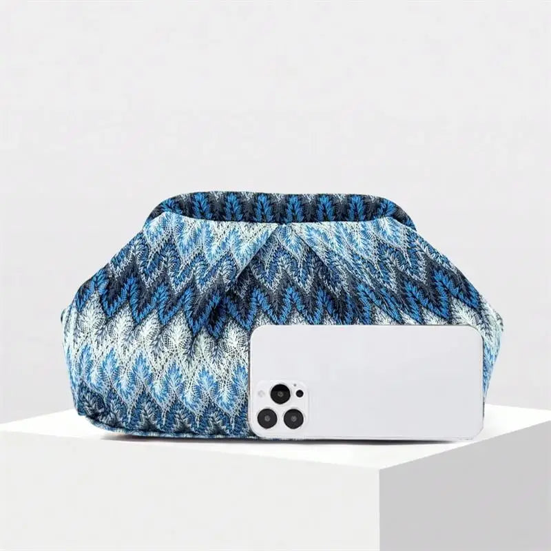 Bohemian Wave Striped Knitted Tote Bag Vintage Geometric Pattern Pleated Cloud Clip Clutch Casual  Elegant Party Evening Bag New
