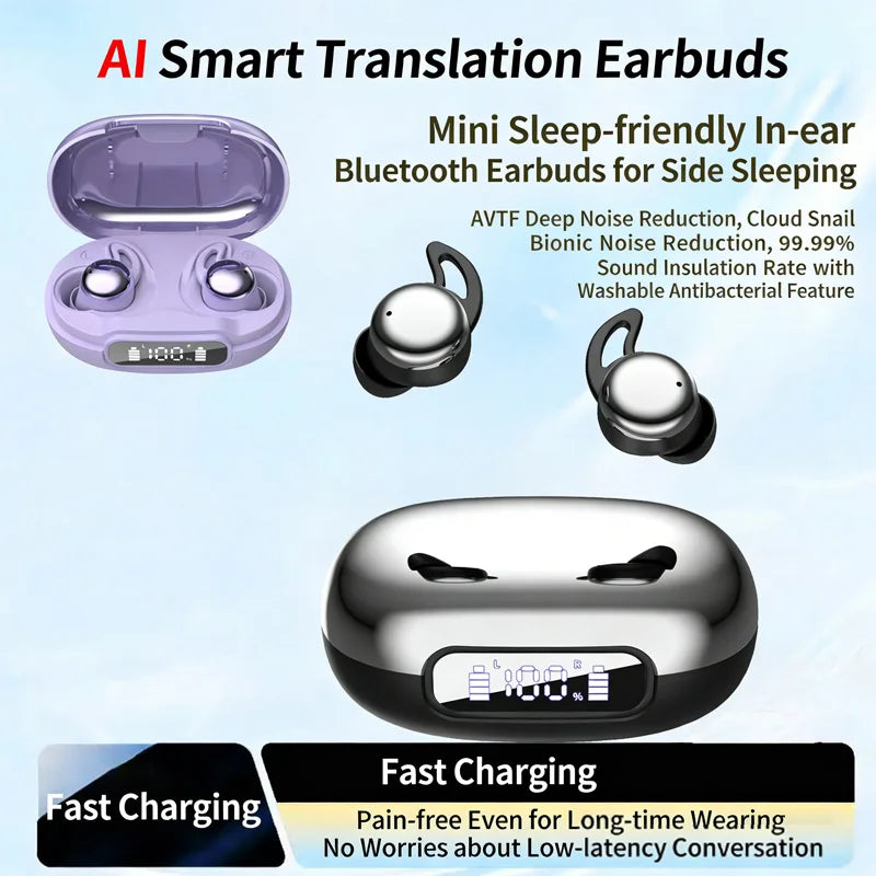 Sleep Bluetooth Earbuds ANC Noise Cancelling with Translation In-Ear Headphones Portable Charging LED Display for Travel Work