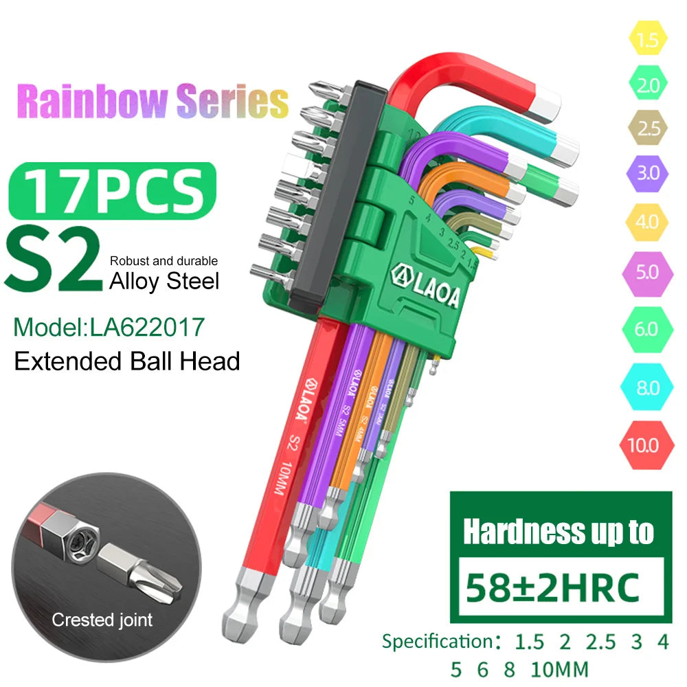 LAOA 9pcs Hexagonal Wrench Hanging Screwdriver With Screwdriver Bits Rainbow Ball Head Hexagonal Hand Tool